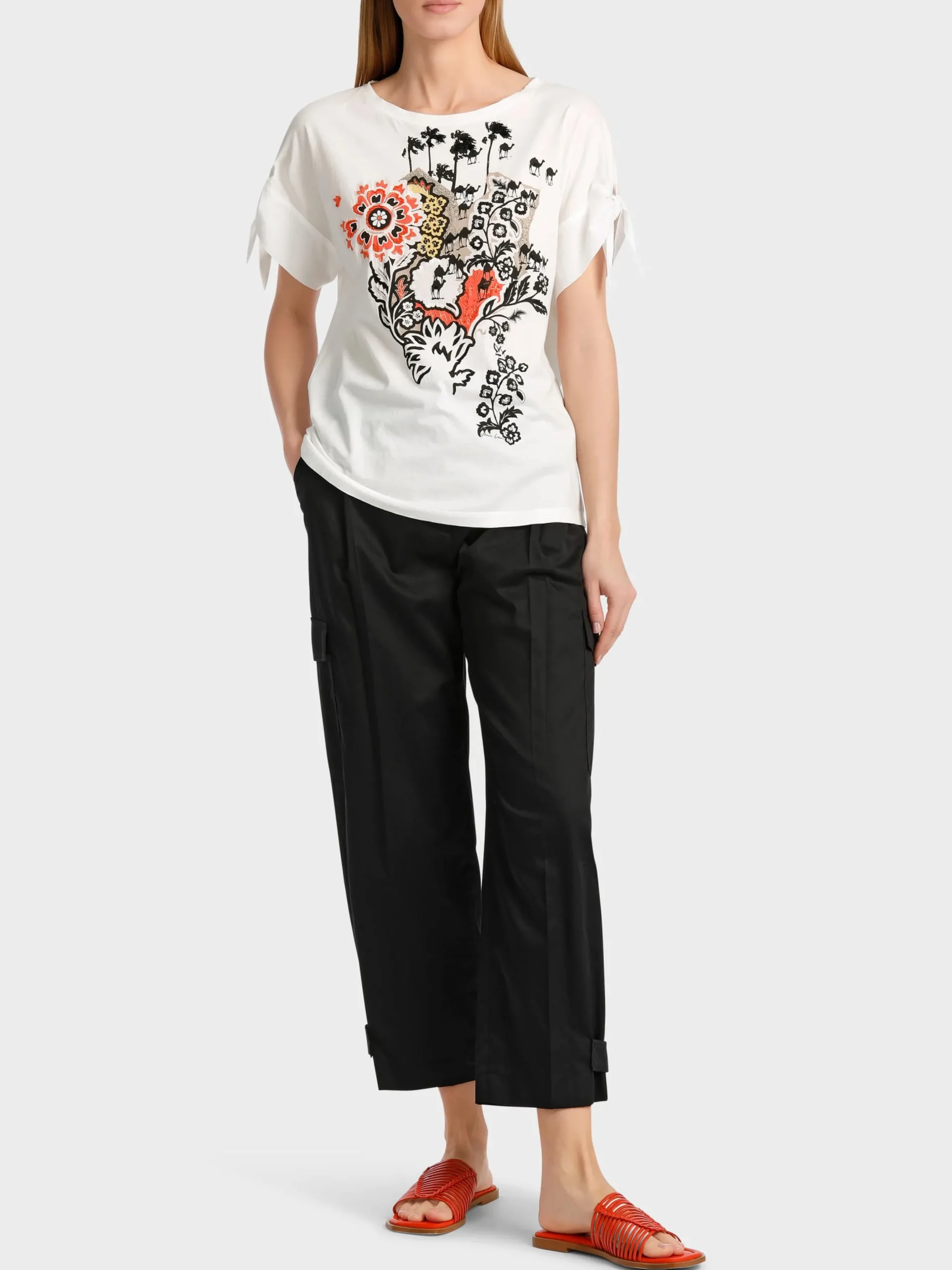 Marc Cain Shirts & Tops-BAUMWOLL-T-SHIRT MIT MATERIALMIX off-white