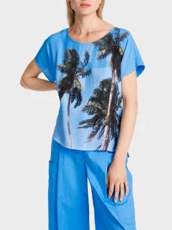 Marc Cain Blusen & Tuniken-BLUSE MIT PALMENPRINT bright azure
