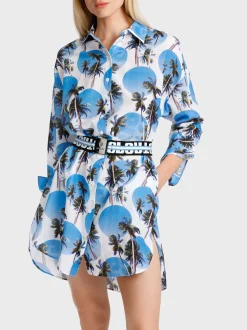 Marc Cain Kleider-HEMDBLUSENKLEID MIT PALMENPRINT bright azure