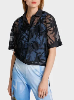 Marc Cain Shirts & Tops-NETZ-POLOSHIRT MIT PALMENDESSIN midnight blue