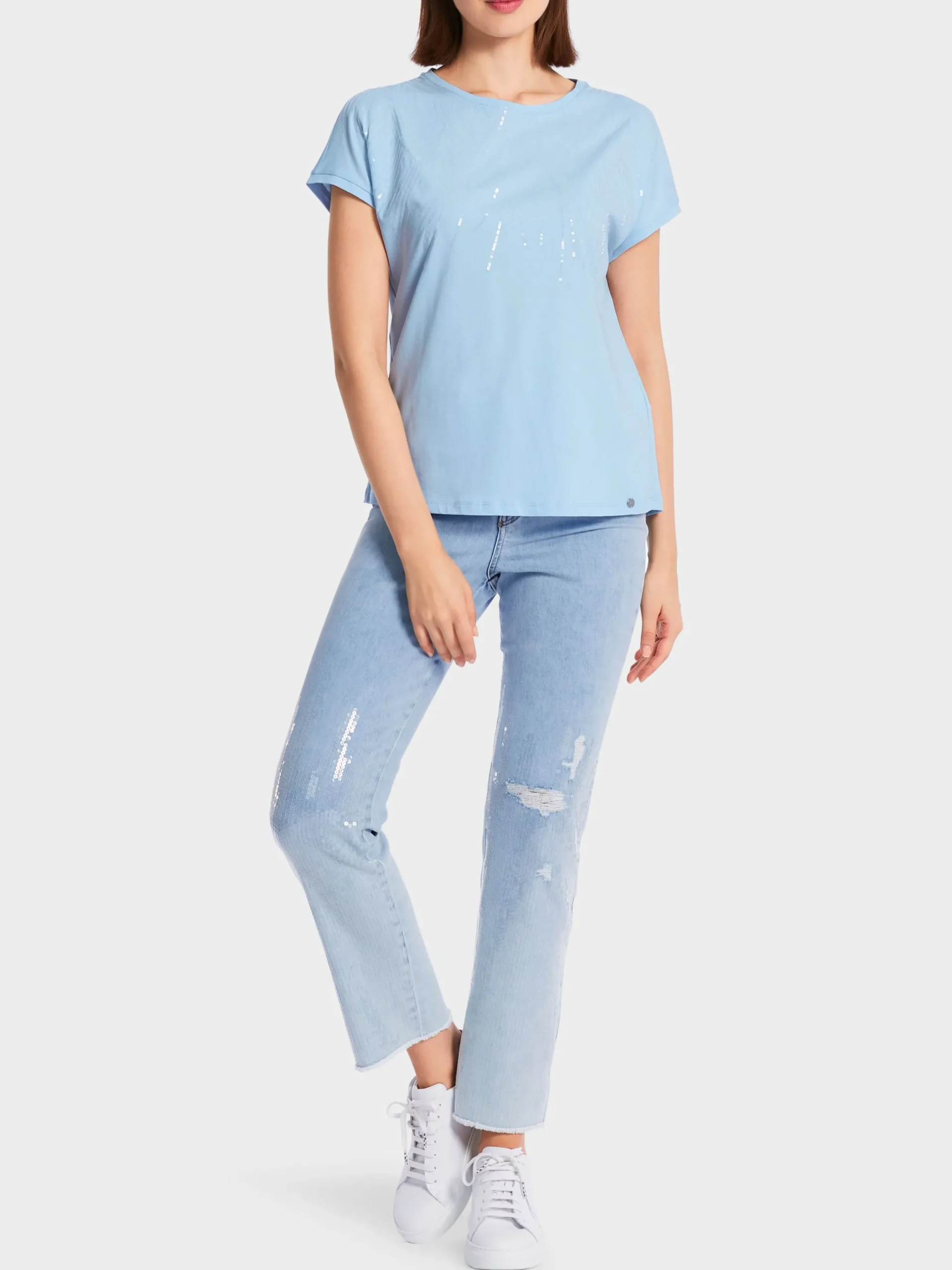 Marc Cain Shirts & Tops-PAILLETTEN-T-SHIRT "RETHINK TOGETHER" soft summer sky
