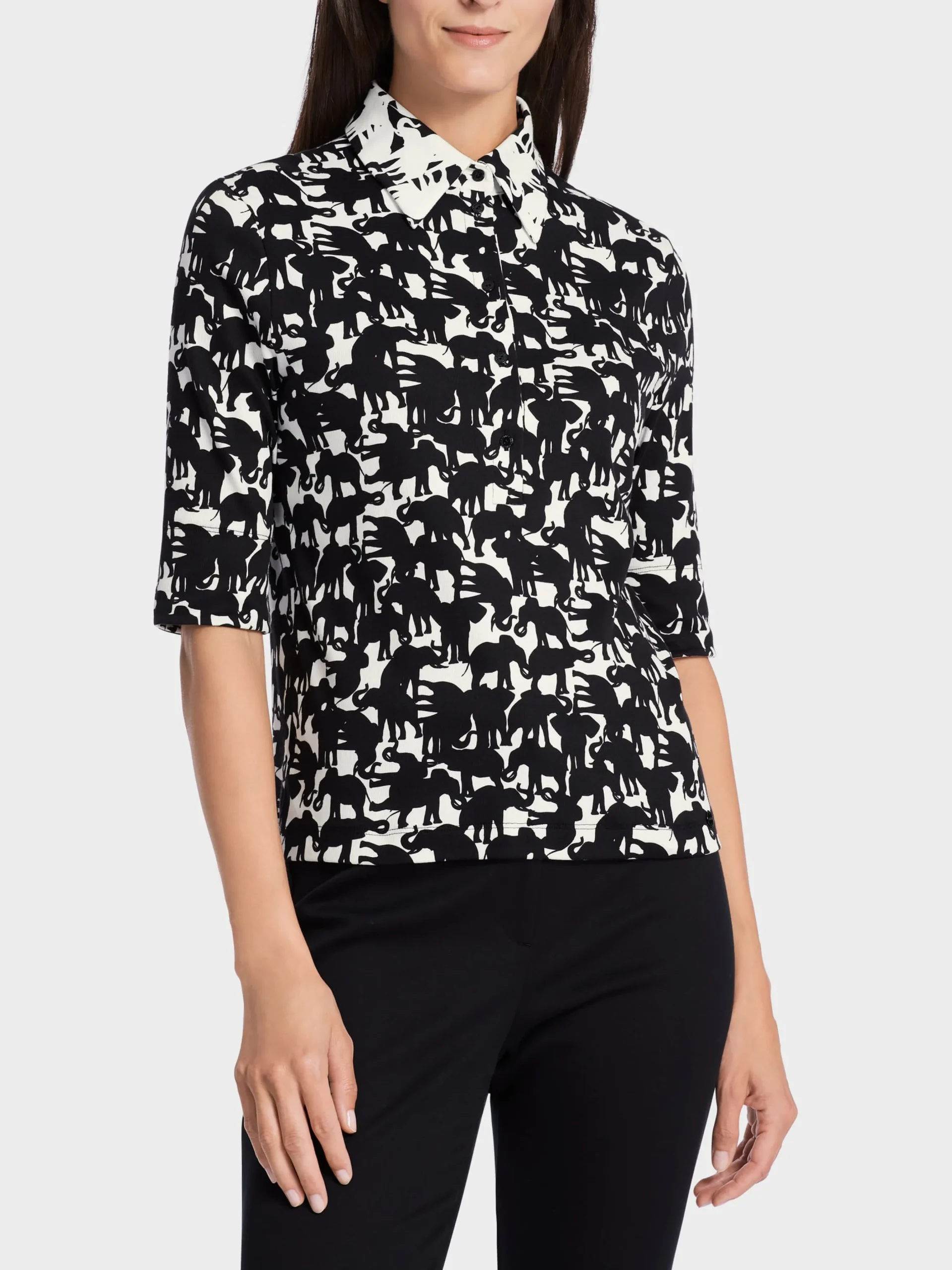 Marc Cain Shirts & Tops-POLO-SHIRT MIT ELEFANTEN-DRUCK black and white