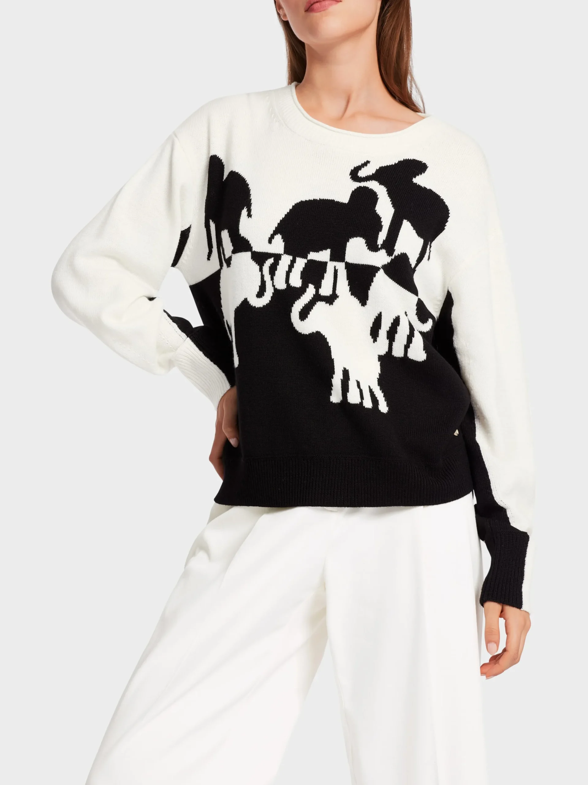Marc Cain Pullover & Sweatshirts|Strick-PULLOVER MIT ELEFANTEN-MOTIV white and black