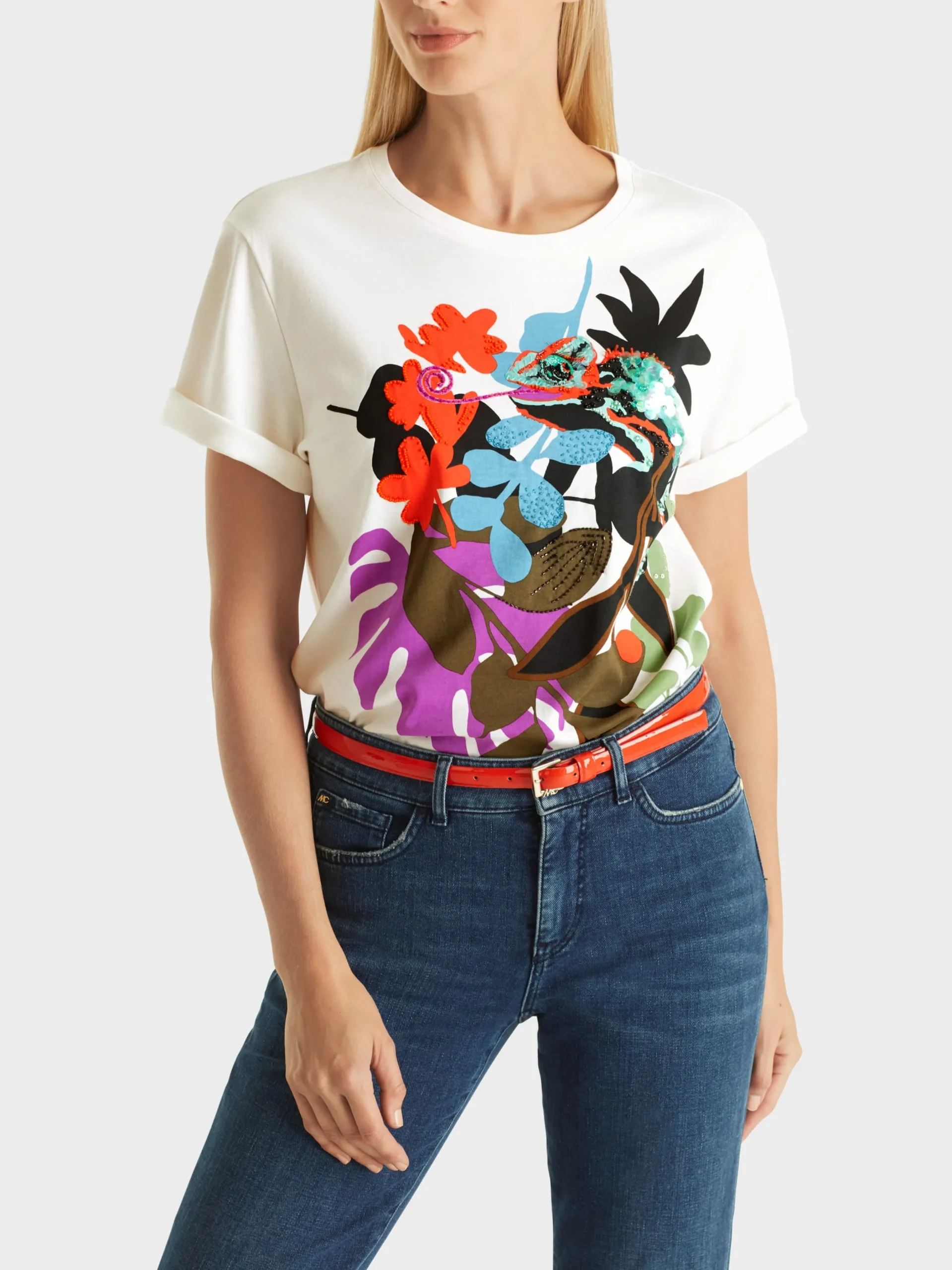 Marc Cain Shirts & Tops-T-SHIRT MIT BLATT-DESSIN off-white
