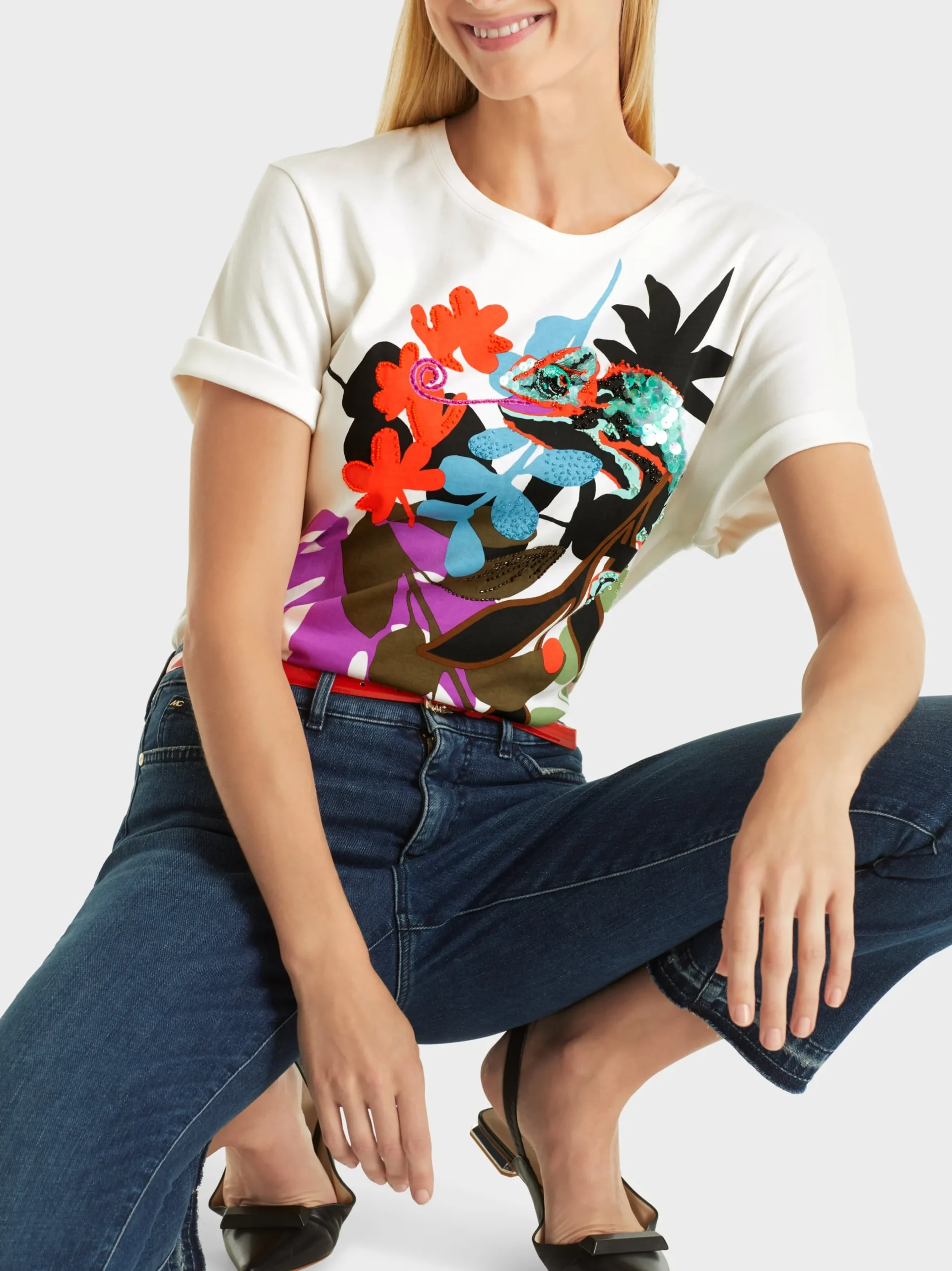 Marc Cain Shirts & Tops-T-SHIRT MIT BLATT-DESSIN off-white