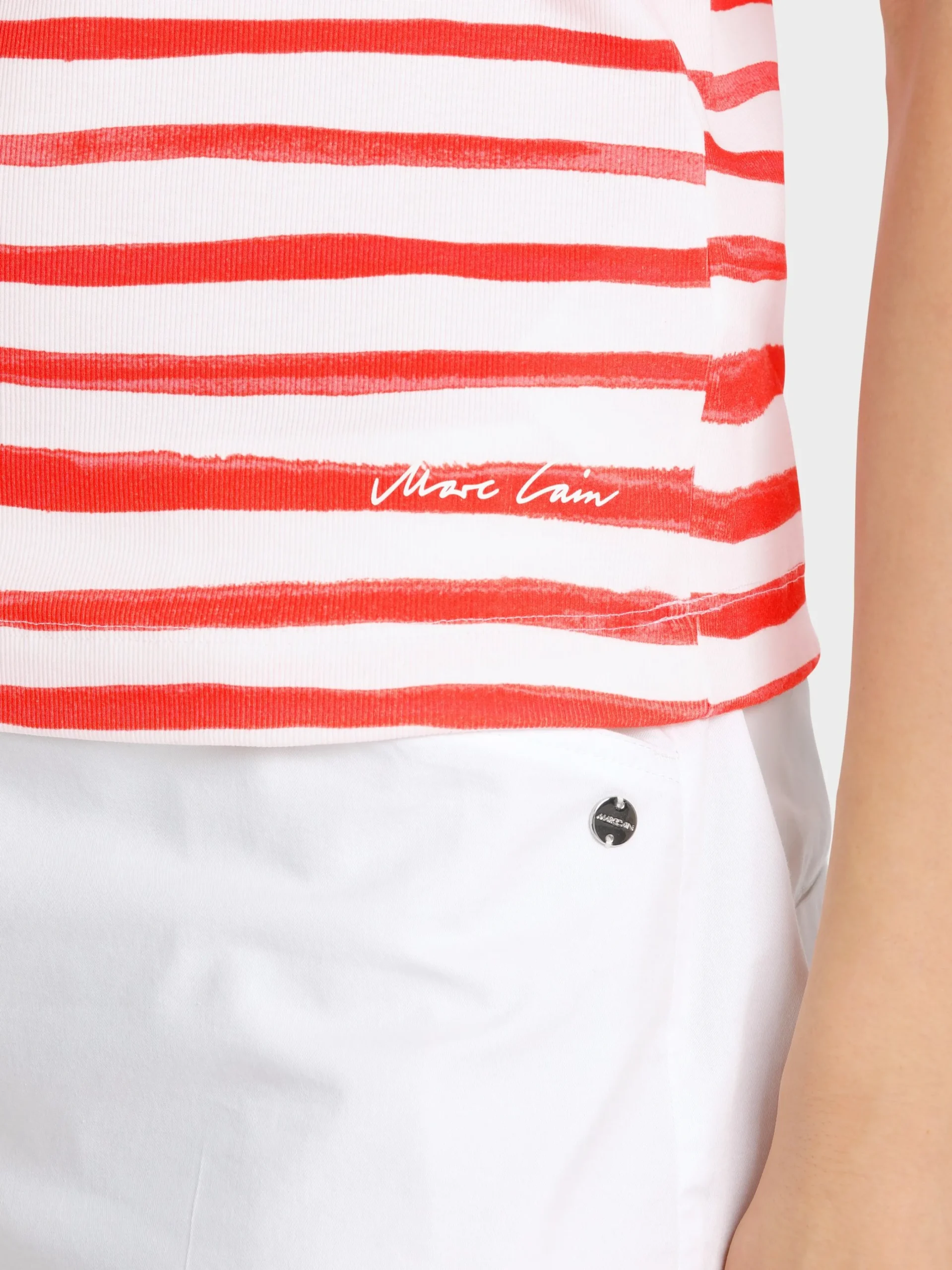 Marc Cain Shirts & Tops-T-SHIRT MIT STREIFEN “RETHINK TOGETHER” bright tomato