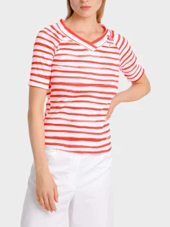 Marc Cain Shirts & Tops-T-SHIRT MIT STREIFEN “RETHINK TOGETHER” bright tomato