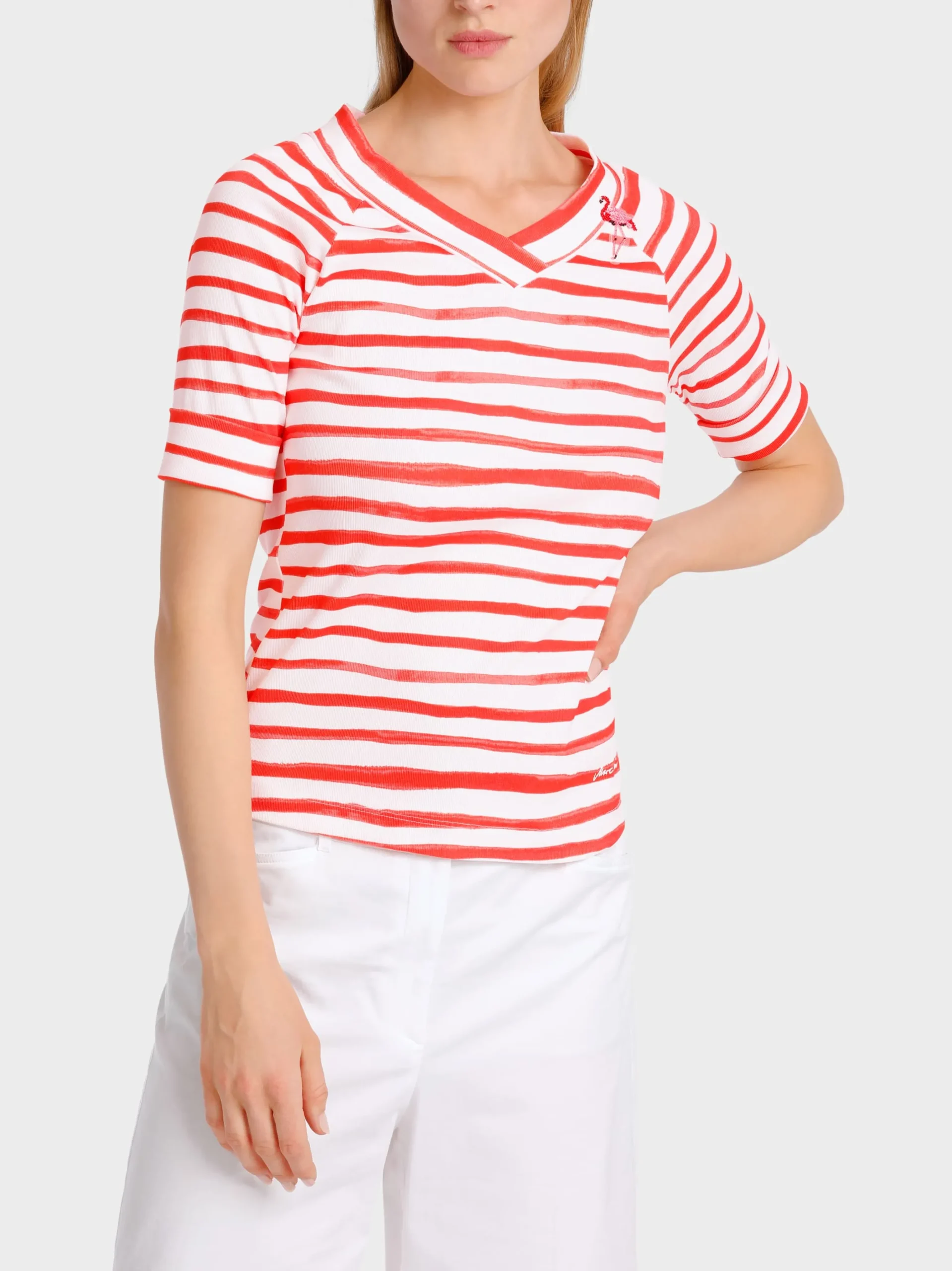 Marc Cain Shirts & Tops-T-SHIRT MIT STREIFEN “RETHINK TOGETHER” bright tomato